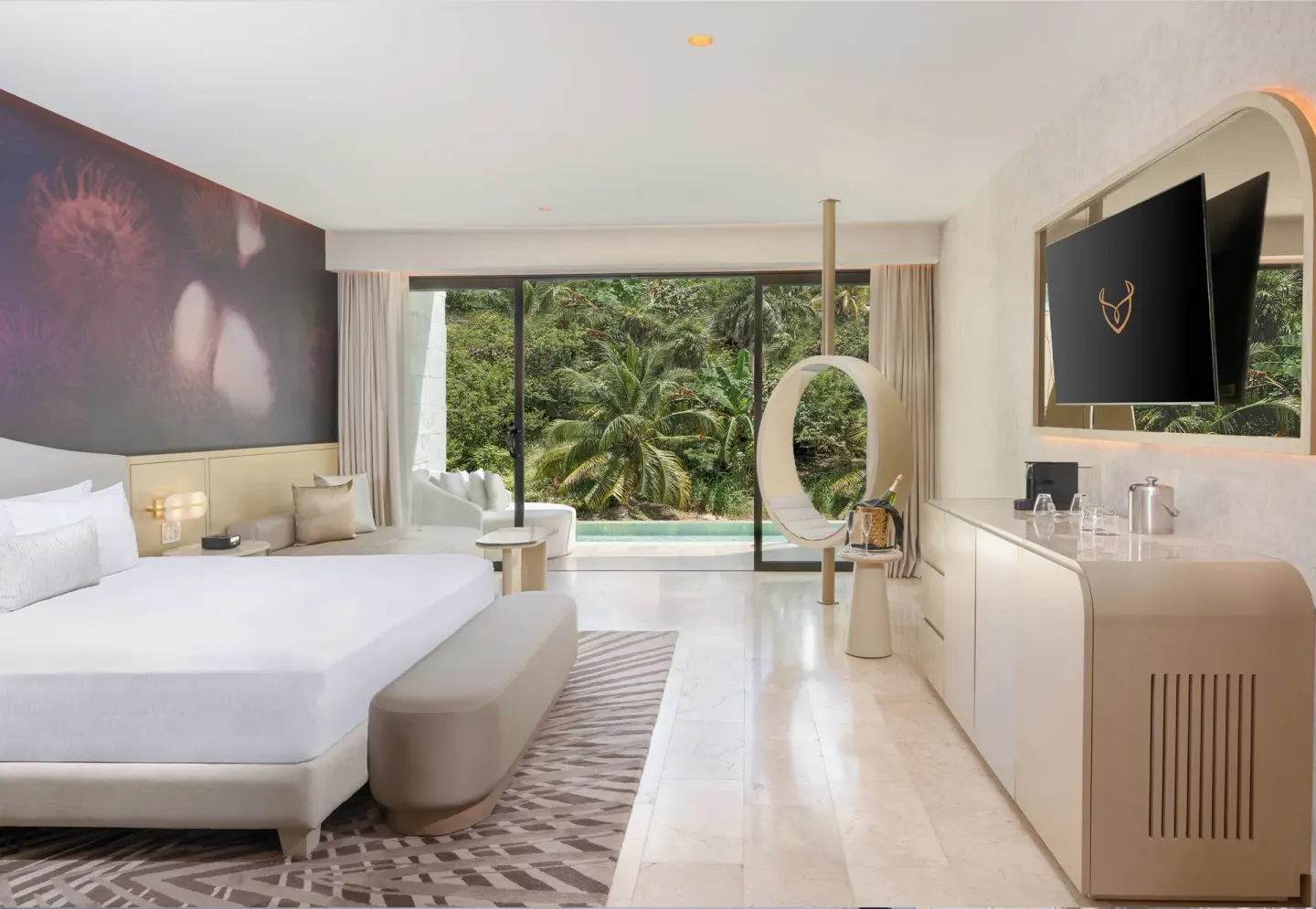 Beloved Tropical-View Swim-up Suite with king bed and greenery at Desire Riviera Maya Resort.