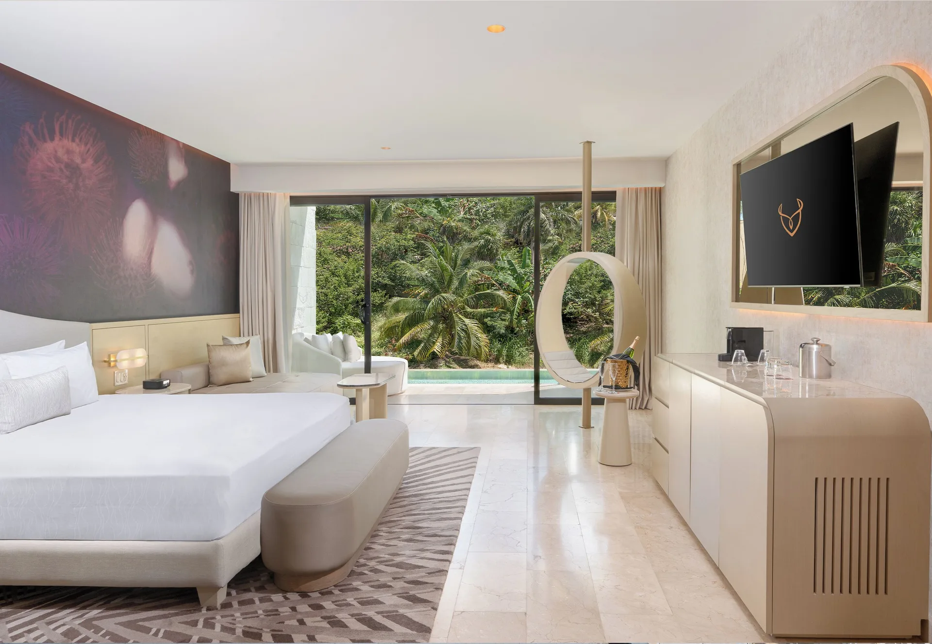 Beloved Tropical-View Swim-up Suite with king bed and greenery at Desire Riviera Maya Resort.