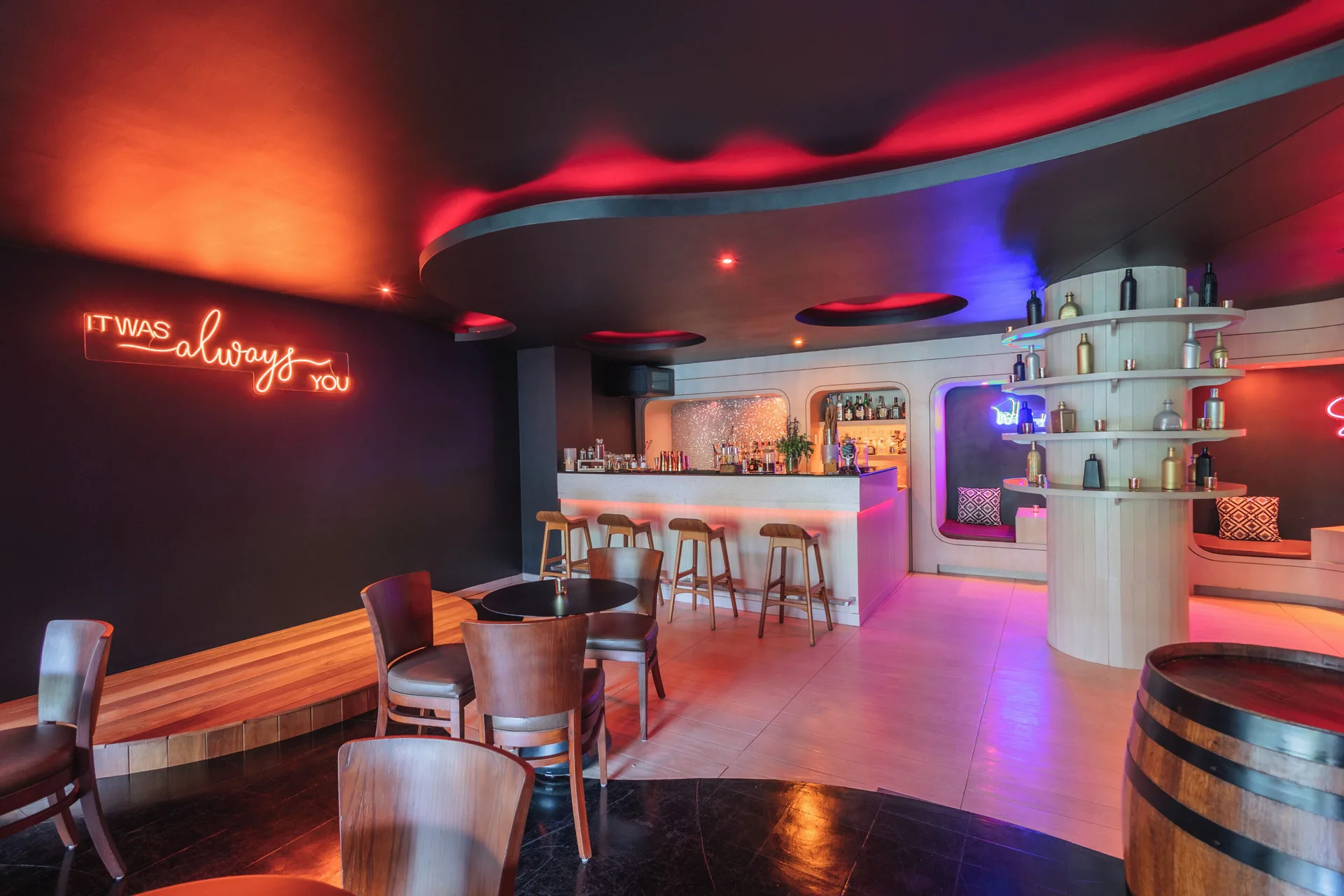 Colorful cocktail lounge at The Door at Devossion By Live Aqua Playa del Carmen.