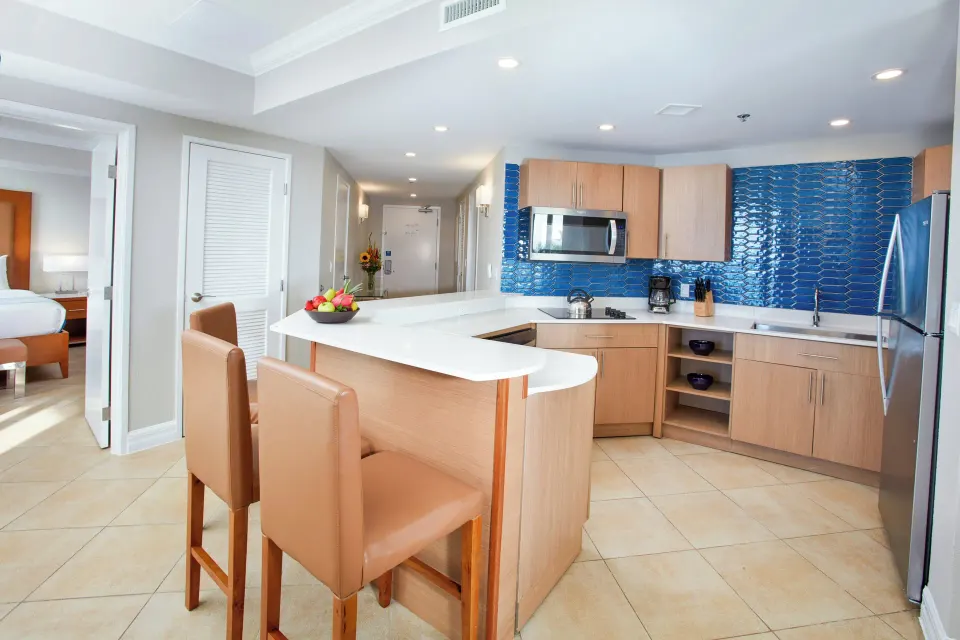 Beach Tower 1 Bedroom Suite kitchen and breakfast bar at Divi Aruba Phoenix Beach Resort.