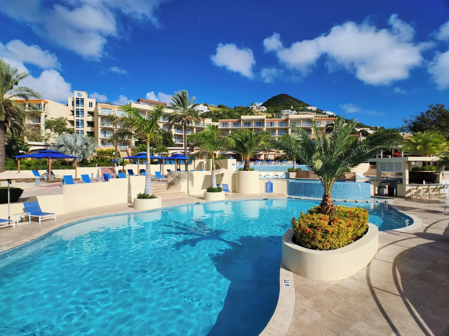 Main resort pool with palms and guest buildings at Divi Little Bay Beach Resort.