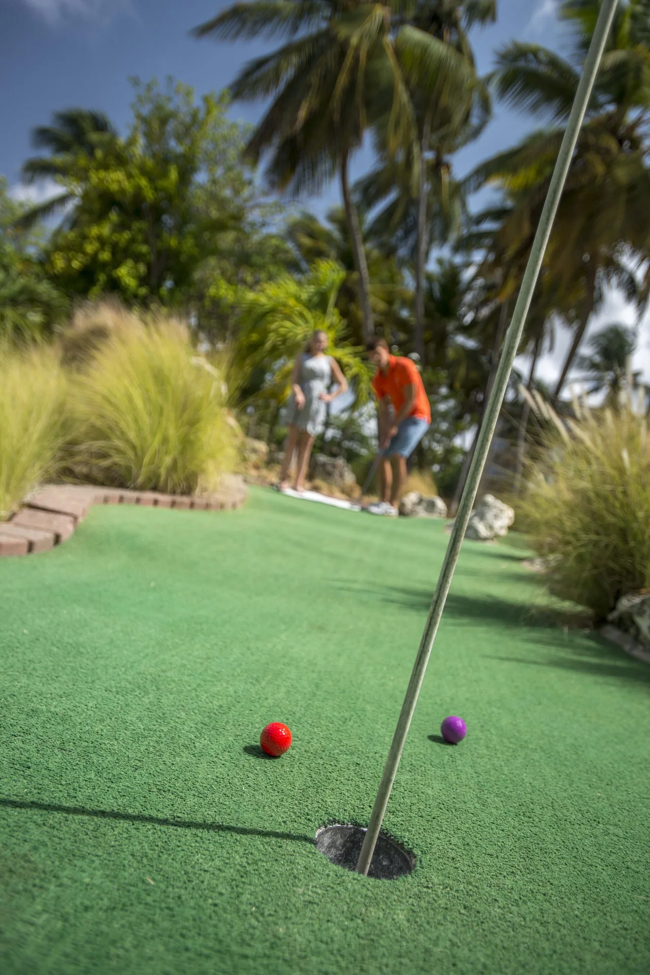Mini golf hole with colored balls and palm trees at Divi Southwinds Beach Resort.