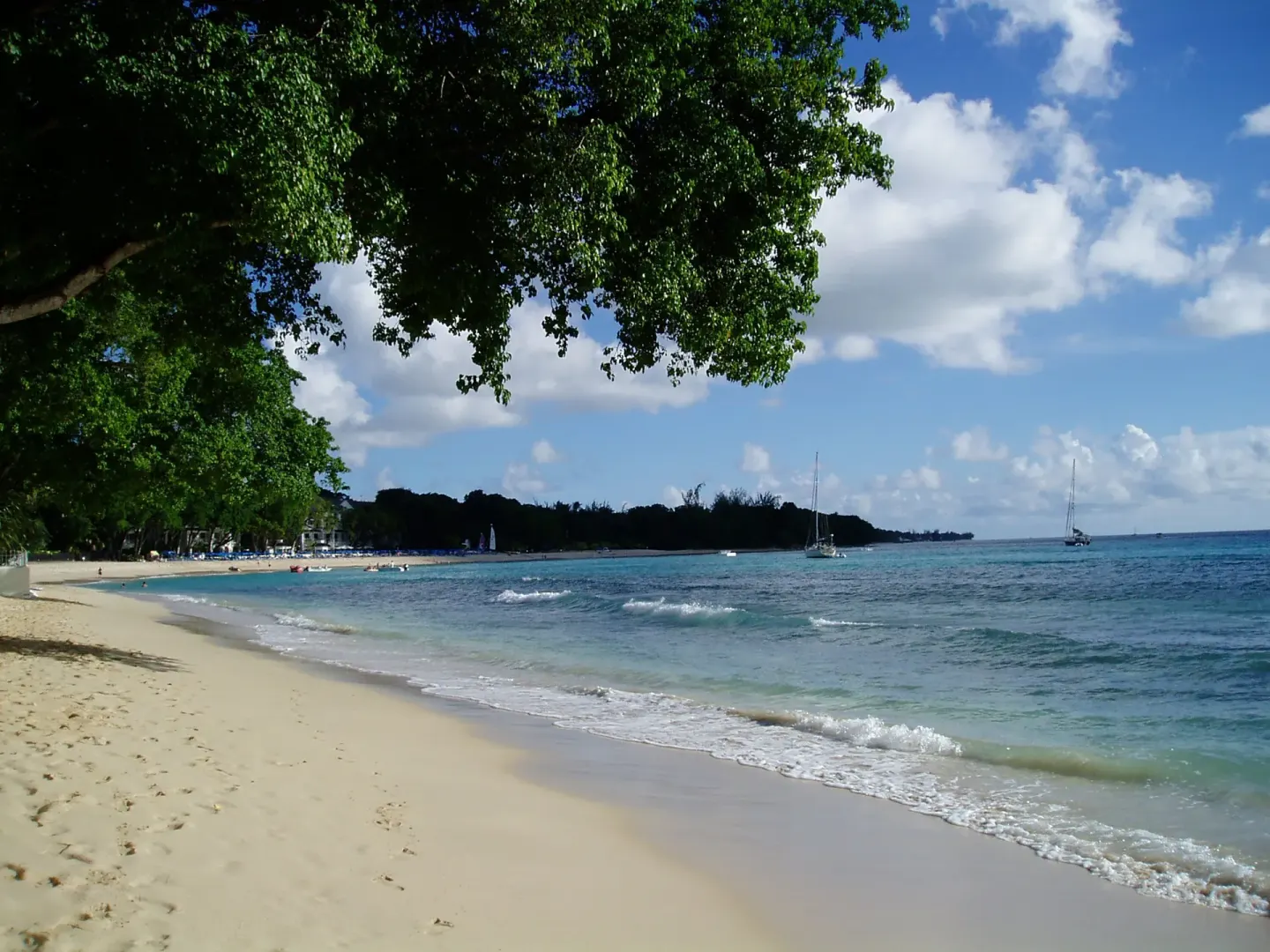 Tree-shaded beach with clear water and sailboats near Divi Southwinds Beach Resort.