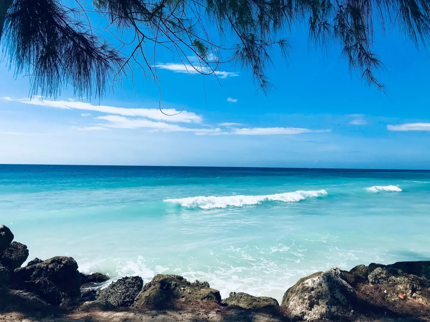 Turquoise ocean and rocky shoreline near Divi Southwinds Beach Resort.