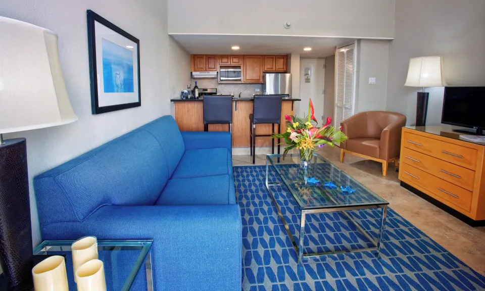 One-bedroom garden view suite lounge and kitchen at Divi Southwinds Beach Resort.