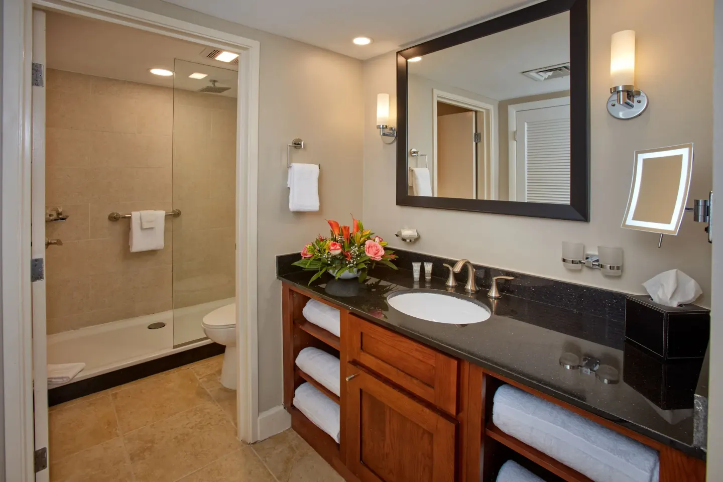 Bathroom vanity and glass shower at Divi Village Golf & Beach Resort.