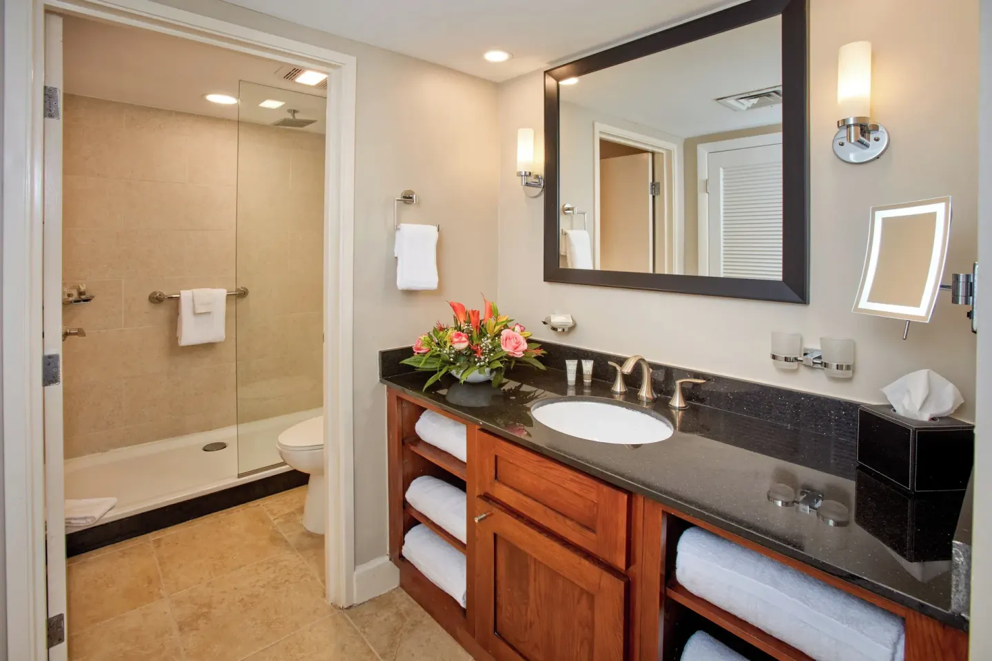 Golf Villa 1 Bedroom Suite vanity and shower at Divi Village Golf & Beach Resort.