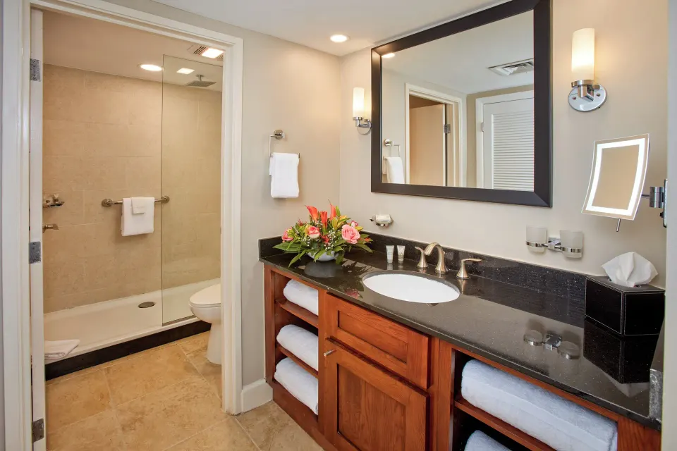 Golf Villa 1 Bedroom Suite vanity and shower at Divi Village Golf & Beach Resort.