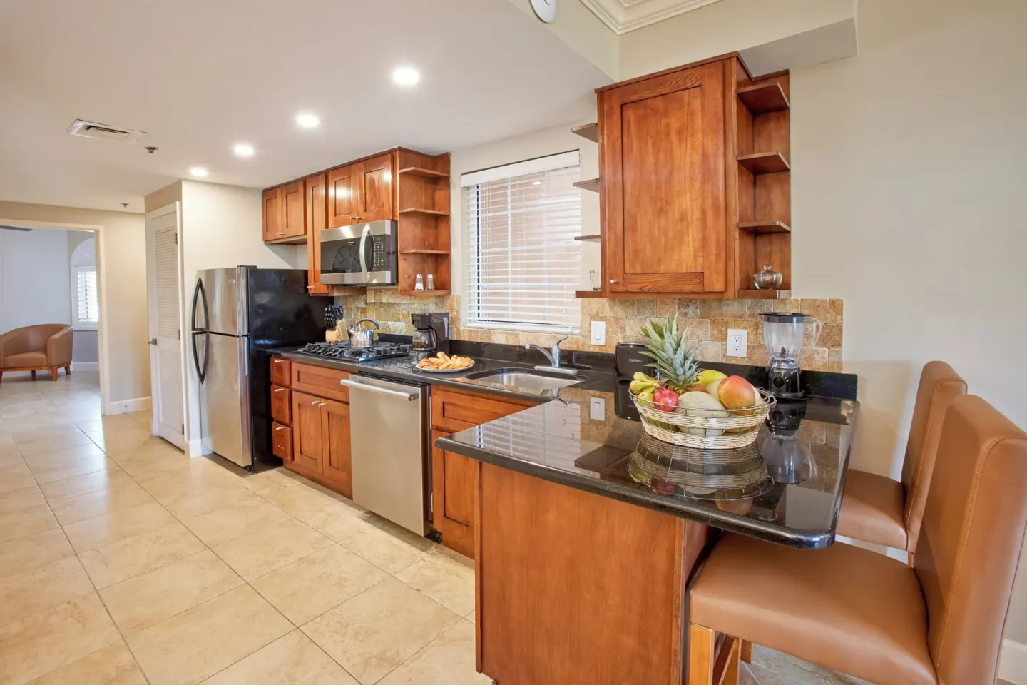 Golf Villa 1 Bedroom Suite kitchen with breakfast bar at Divi Village Golf & Beach Resort.