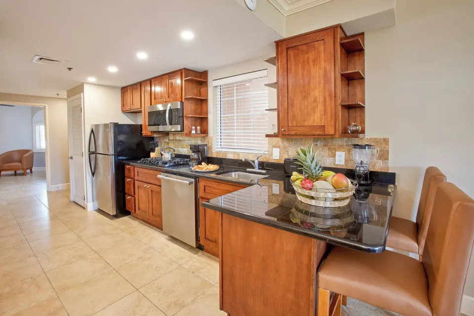 Golf Villa 1 Bedroom Suite kitchen with breakfast bar at Divi Village Golf & Beach Resort.