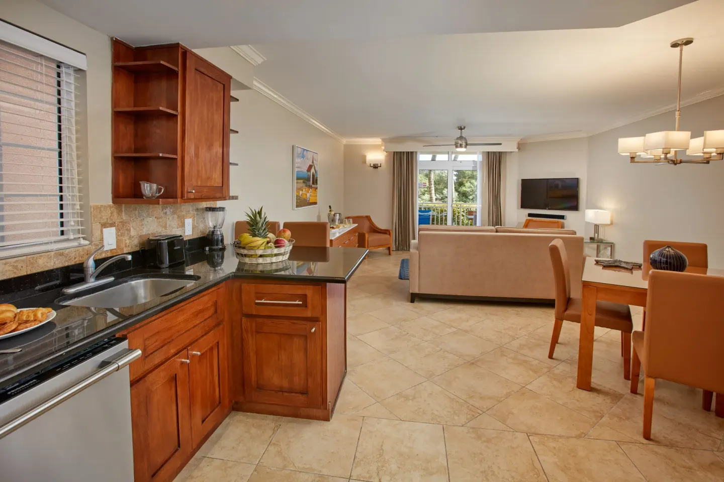 Golf Villa 1 Bedroom Suite kitchen and living area at Divi Village Golf & Beach Resort.