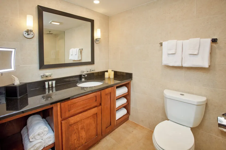 Golf Villa Studio Suite bathroom vanity at Divi Village Golf & Beach Resort.