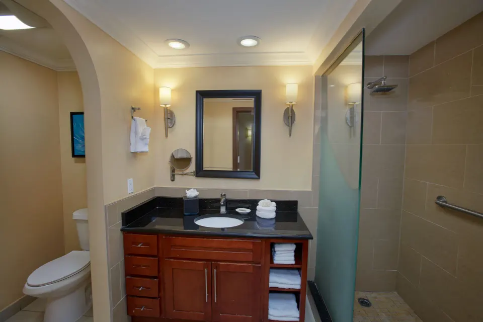 Studio Suite bathroom vanity and shower at Divi Village Golf & Beach Resort.