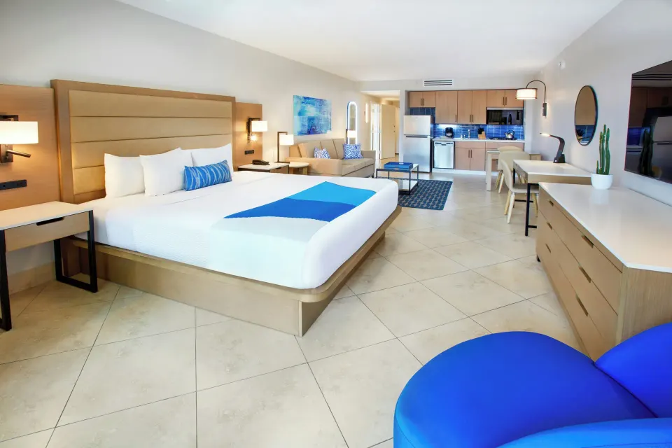 Renovated Studio Suite with king bed and kitchenette at Divi Village Golf & Beach Resort.