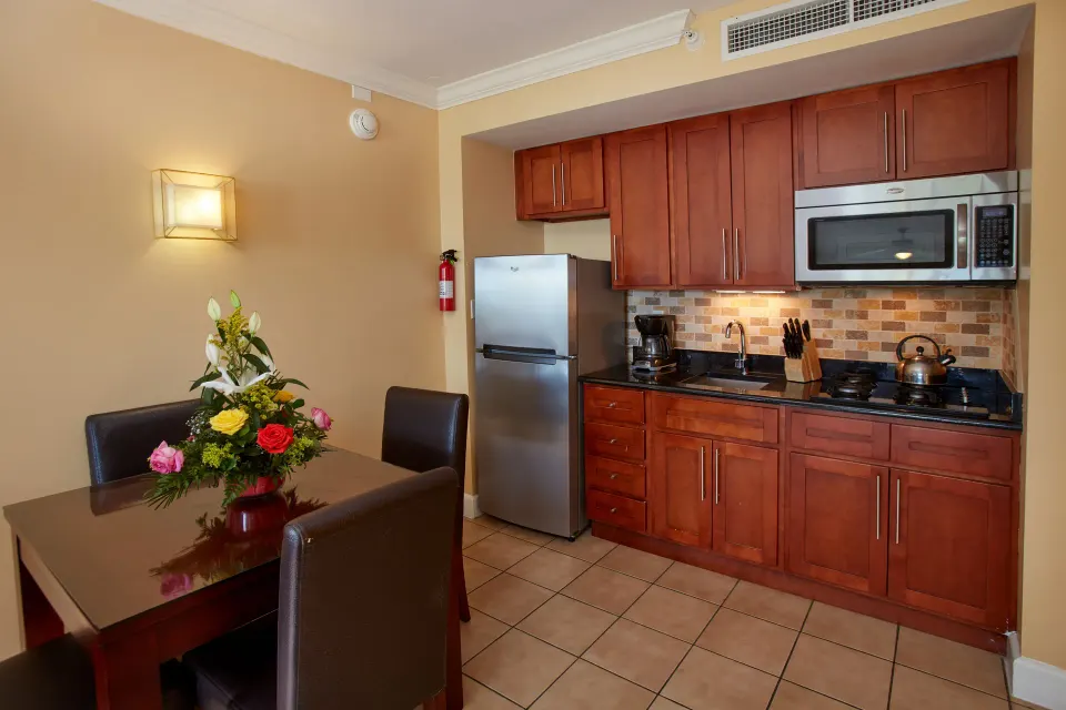 Studio Suite kitchenette and dining table at Divi Village Golf & Beach Resort.