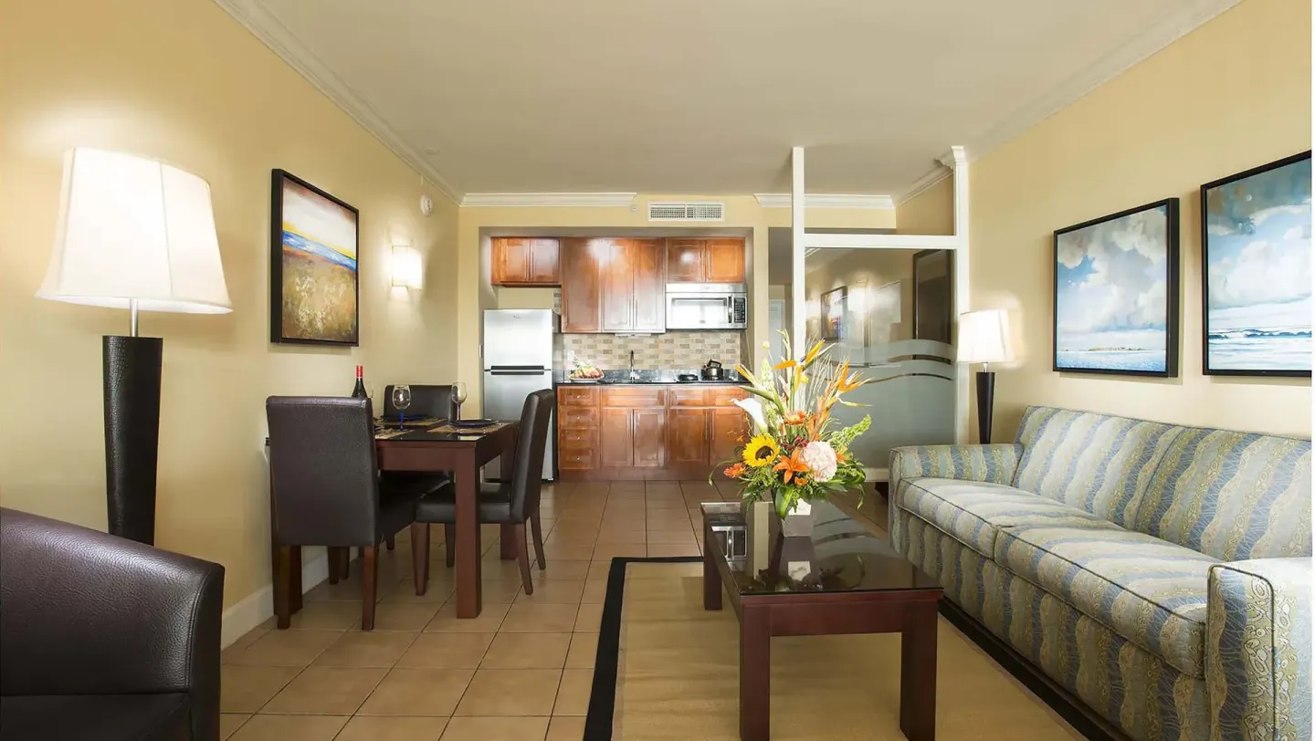 Studio Suite sitting area and kitchenette at Divi Village Golf & Beach Resort.
