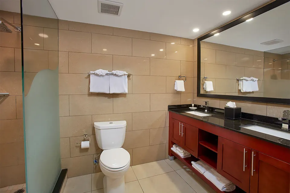 Studio suite bathroom with glass shower, toilet, and double vanity at Divi Village Villas.