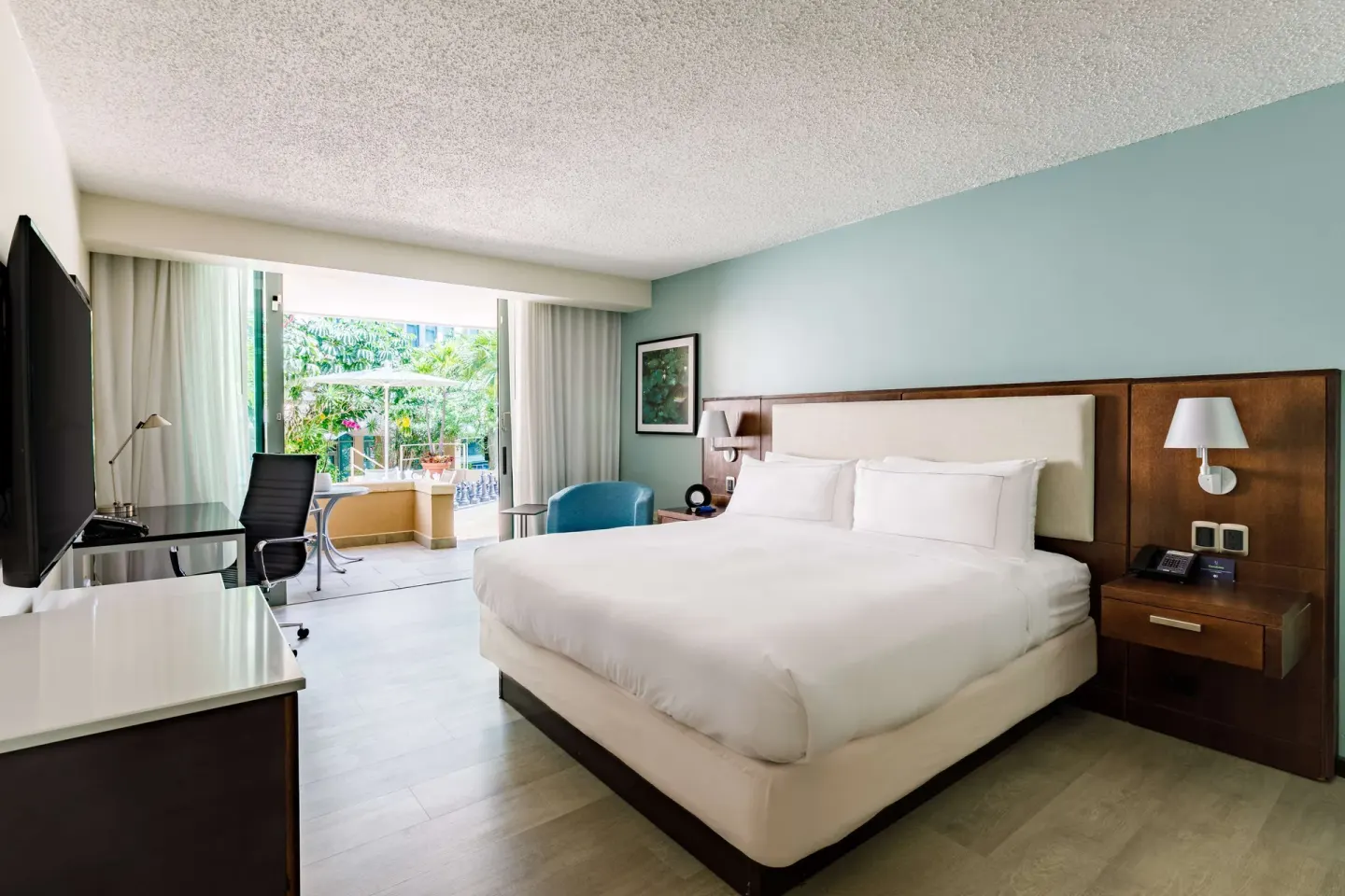 Deluxe balcony guest room with one bed, desk, TV, and patio view at DoubleTree San Juan.