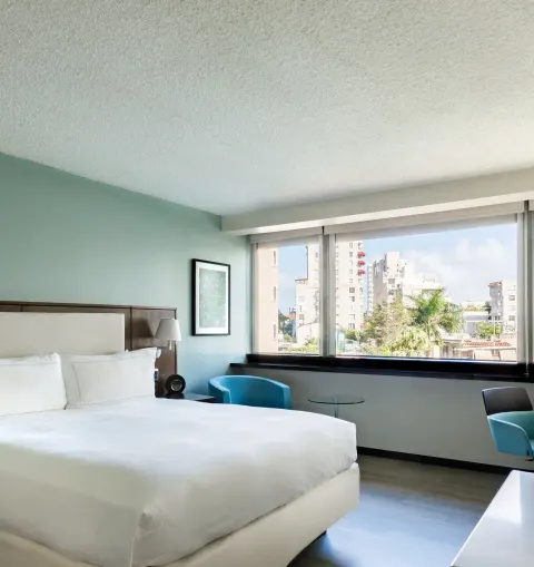 Deluxe garden view room with king bed, blue chairs, and window at DoubleTree San Juan.