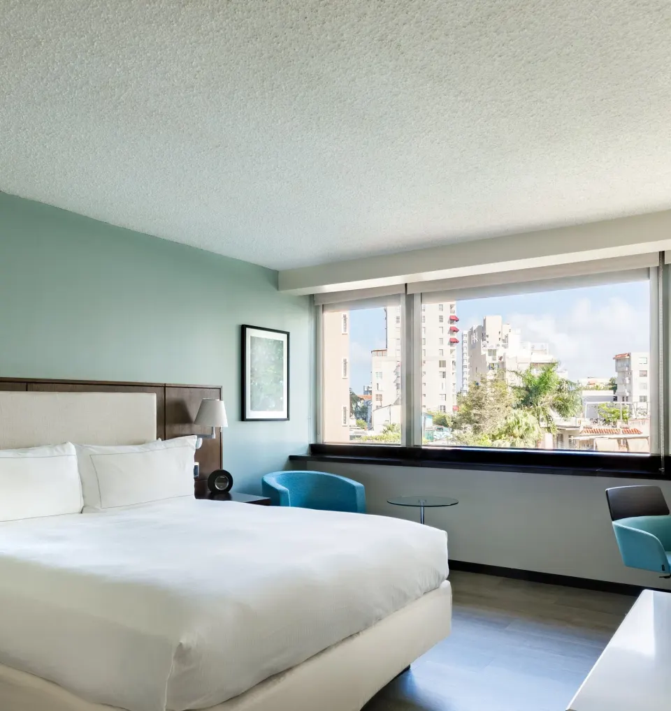 Deluxe garden view room with king bed, blue chairs, and window at DoubleTree San Juan.