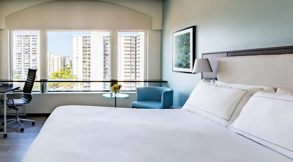 King guest room with city-facing windows at DoubleTree San Juan.