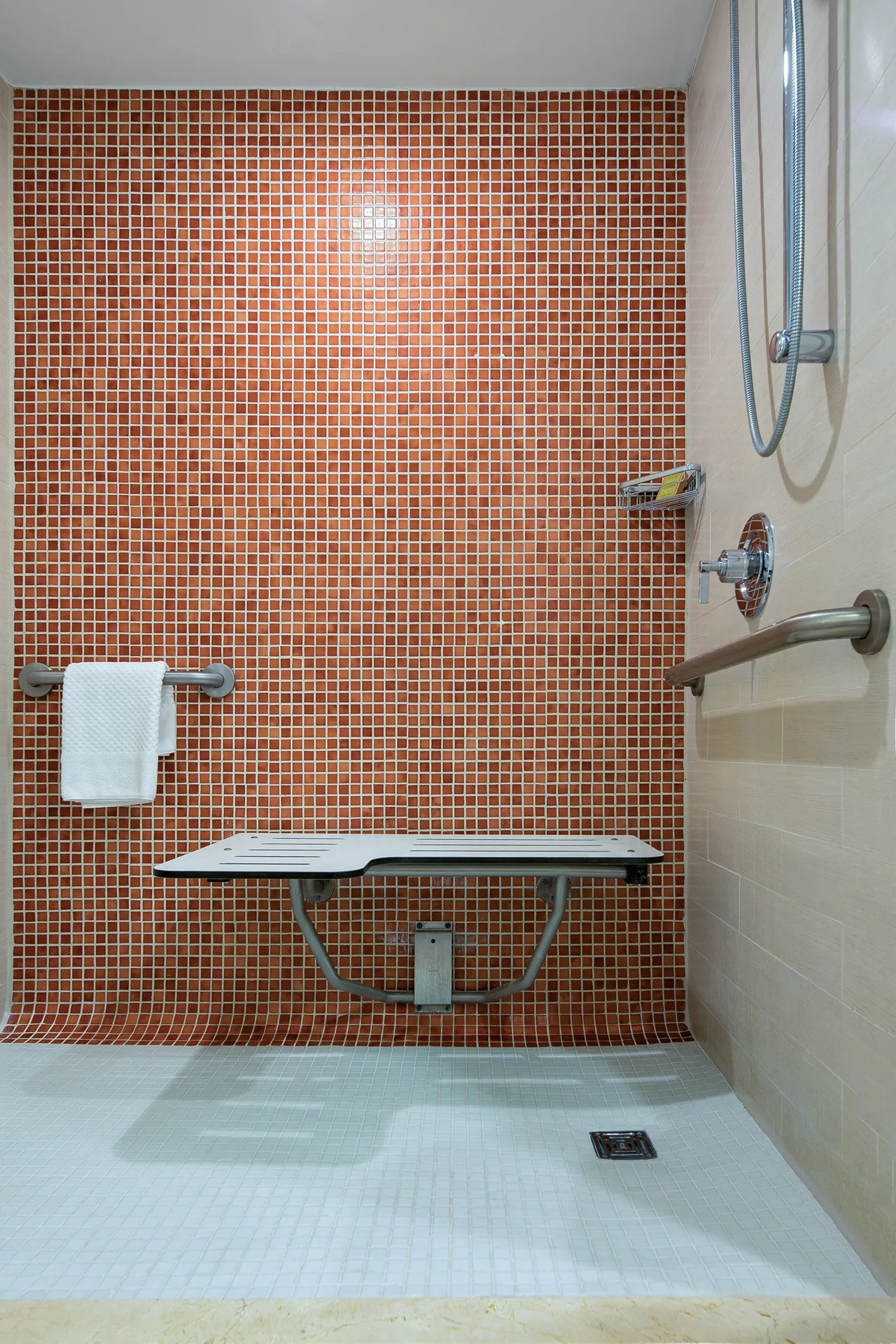 Standard Room accessible shower with fold-down bench at DoubleTree San Juan.
