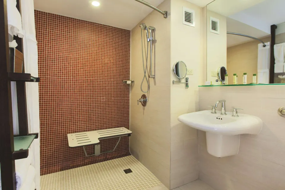 Standard Room bathroom with walk-in shower and sink at DoubleTree San Juan.