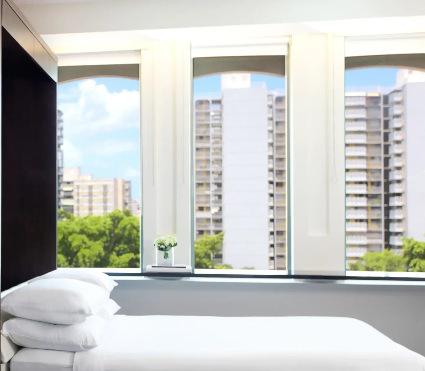 Standard Room bed beside tall city-facing windows at DoubleTree San Juan.
