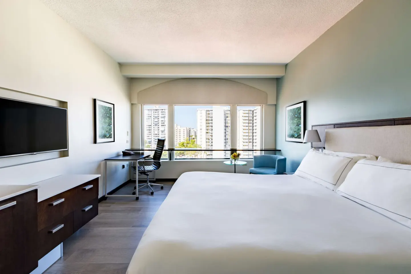 Standard Room at DoubleTree San Juan with a king bed, desk, TV, blue chair, and city view windows.
