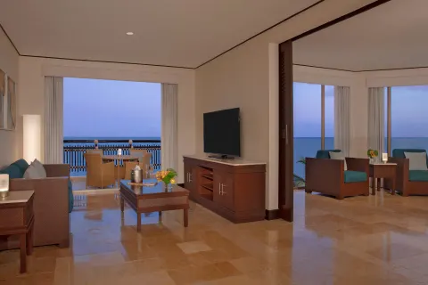 premium Ocean Front Master Suite lounge and terrace at Dreams Riviera Cancun Resort & Spa.