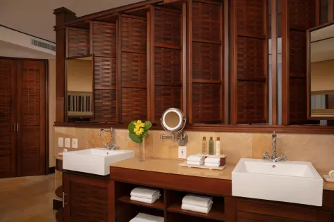 Double vanity in a Premium Deluxe bathroom at Dreams Riviera Cancun Resort & Spa.