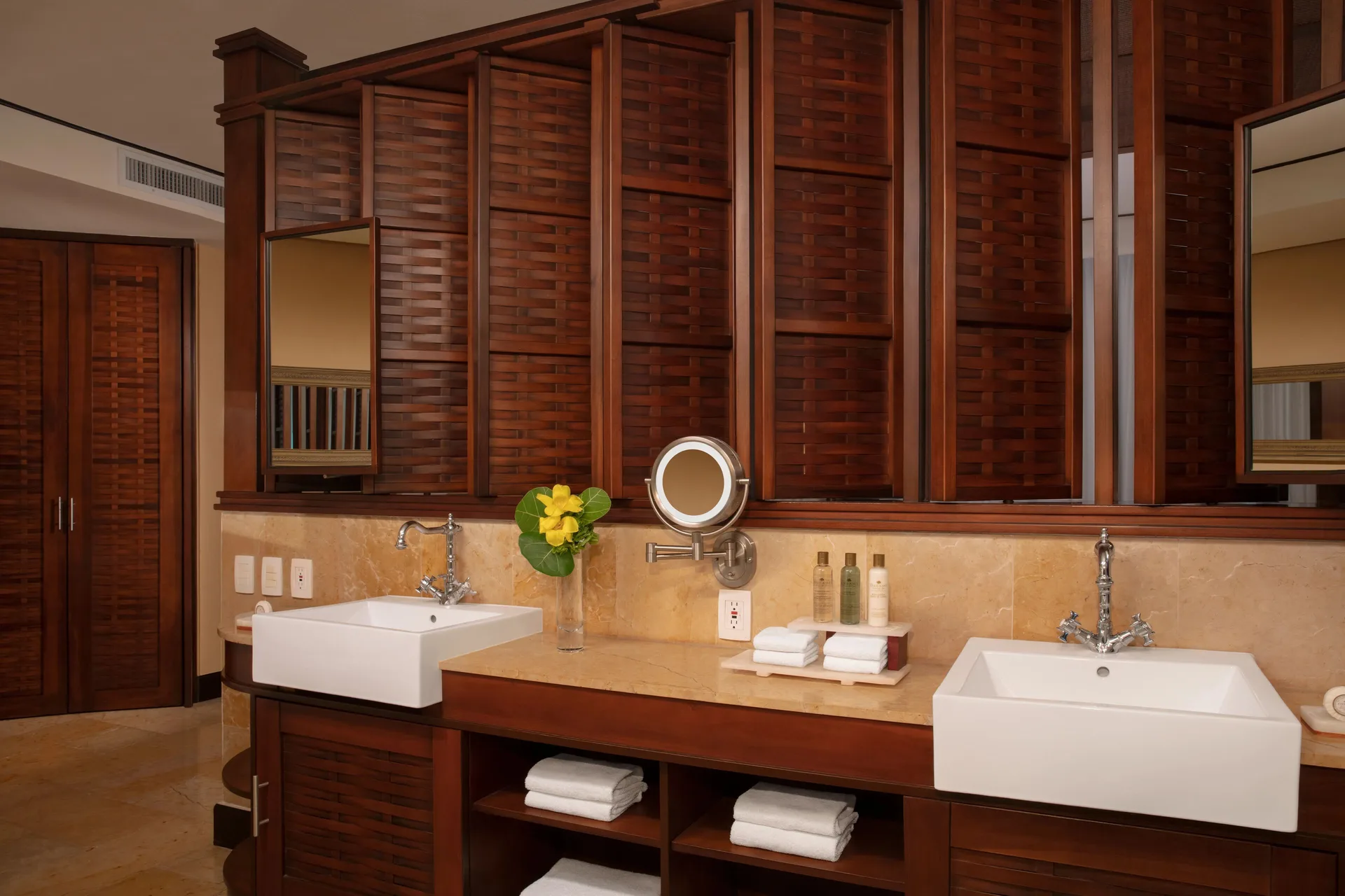 Double-sink bathroom vanity in a guest room at Dreams Riviera Cancun Resort & Spa.