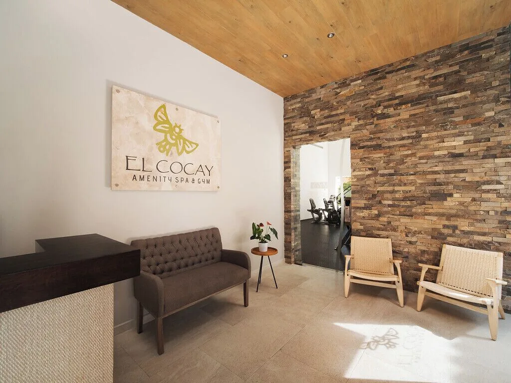 El Cocay spa and gym reception seating area at El Cid Marina Beach Hotel.