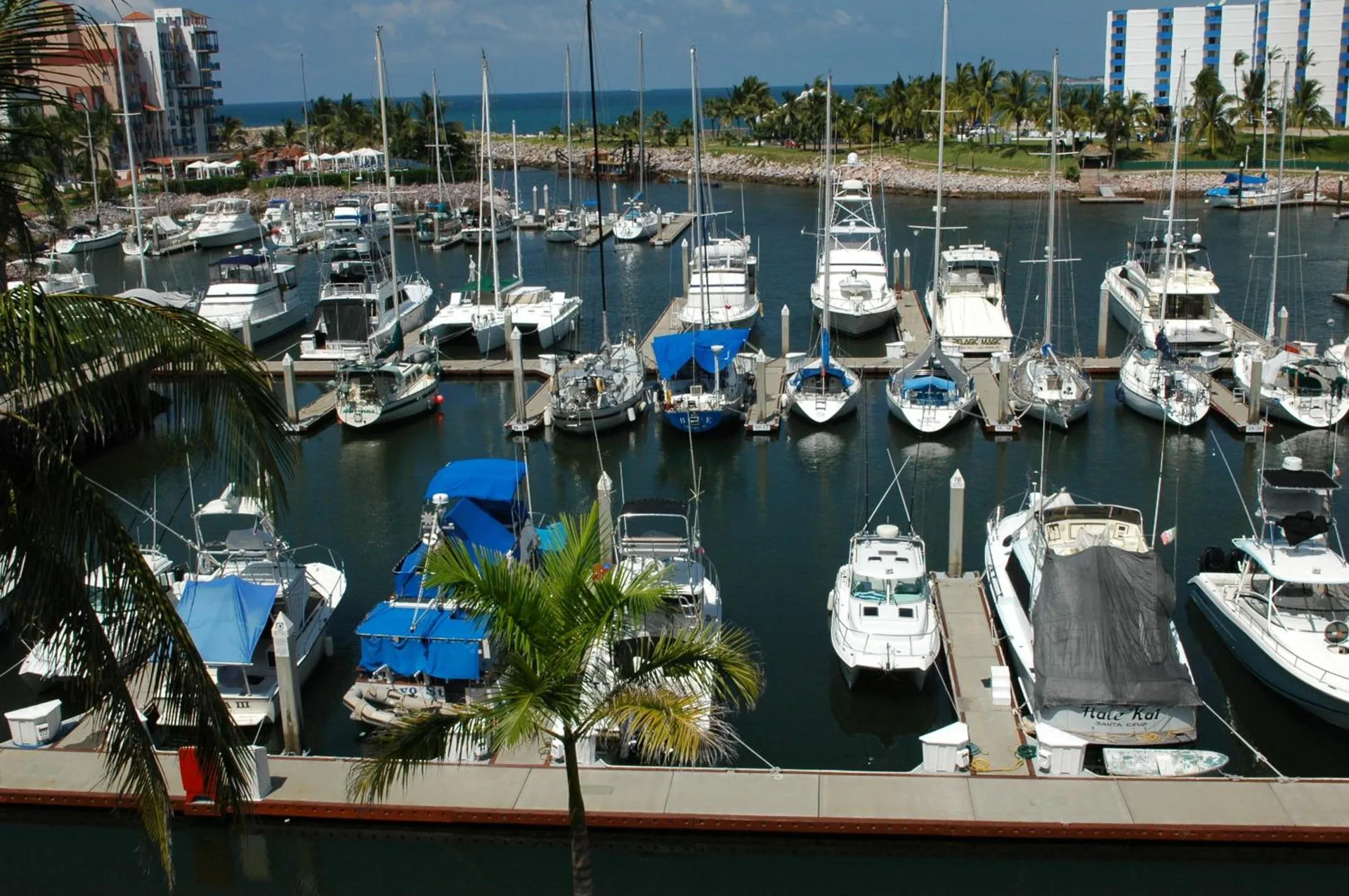 Marina filled with boats and sailboats beside El Cid Marina Beach Hotel.