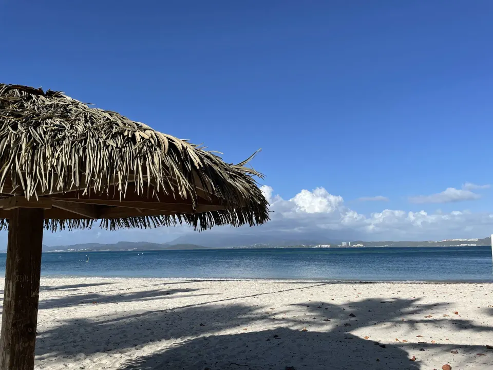 Thatched shade on a sandy beach facing calm water at El Conquistador Resort.