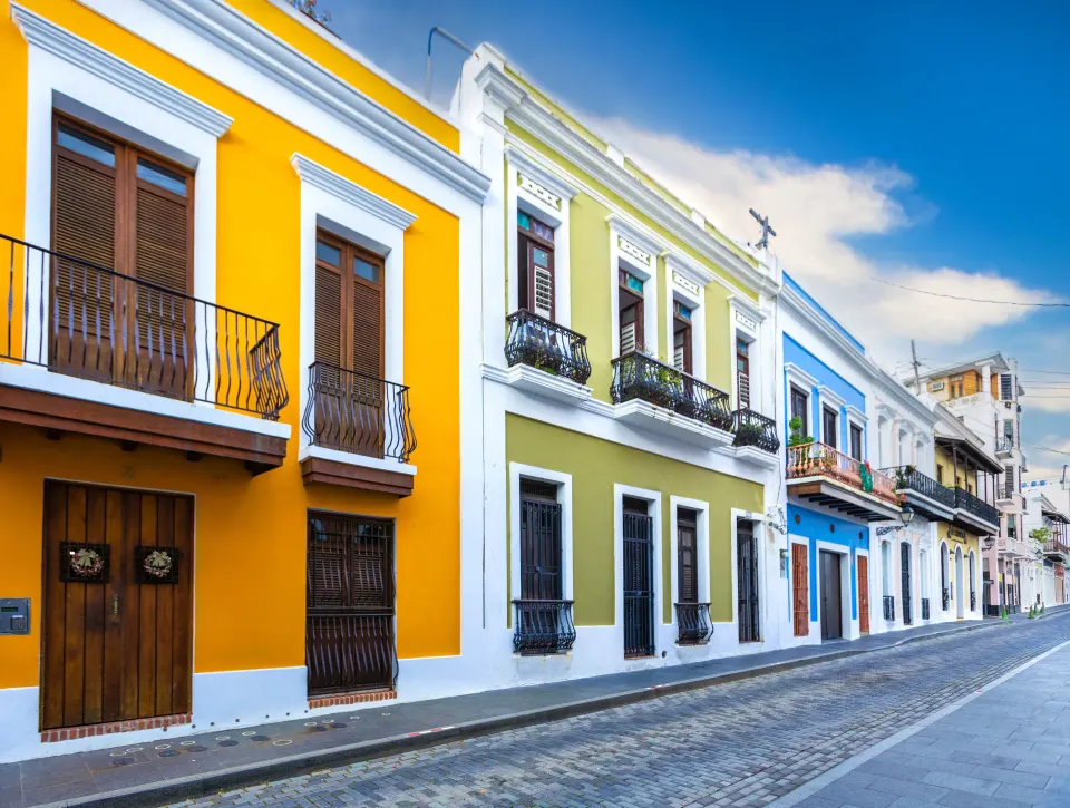 Colorful historic street facades in Puerto Rico near El Conquistador Resort.
