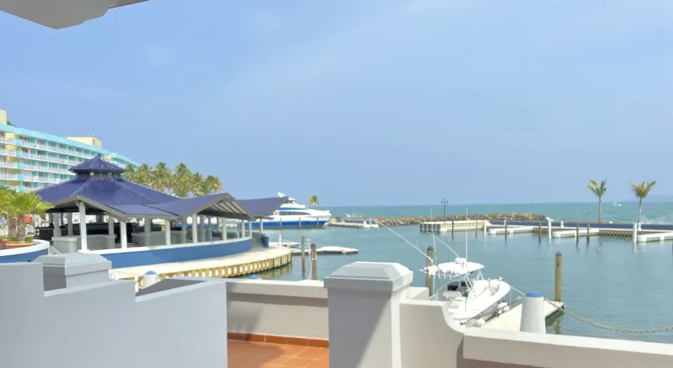 Marina view with boats, docks, and blue-roofed buildings at El Conquistador Resort.