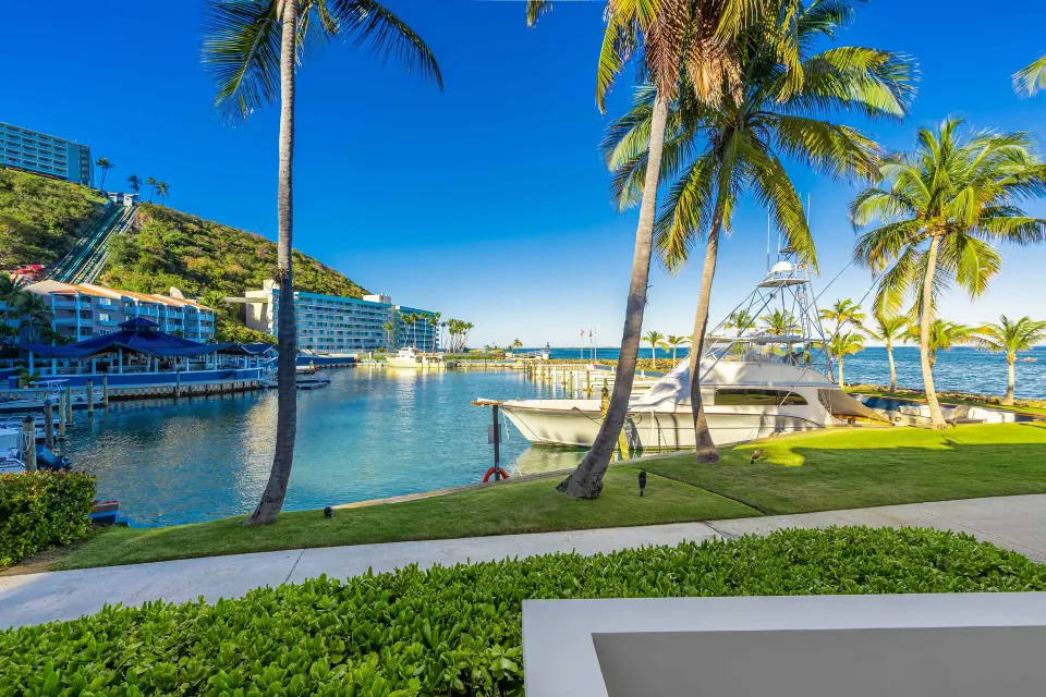 Palm-lined marina with boats and resort buildings at El Conquistador Resort.