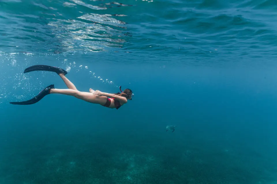 A snorkeler swims through clear blue water near El Conquistador Resort.