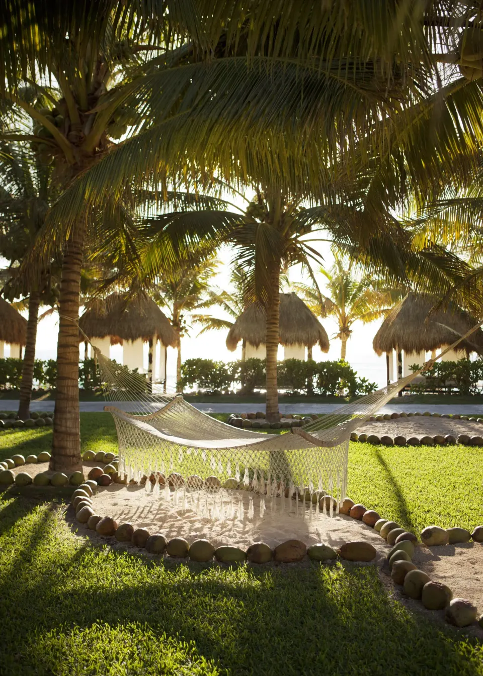 A hammock hangs between palm trees in a garden at El Dorado Casitas Royale.