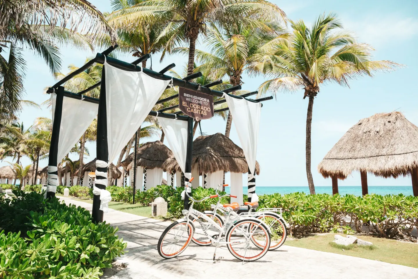 Palm-lined resort pathway with bicycles and welcome sign at El Dorado Casitas Royale.