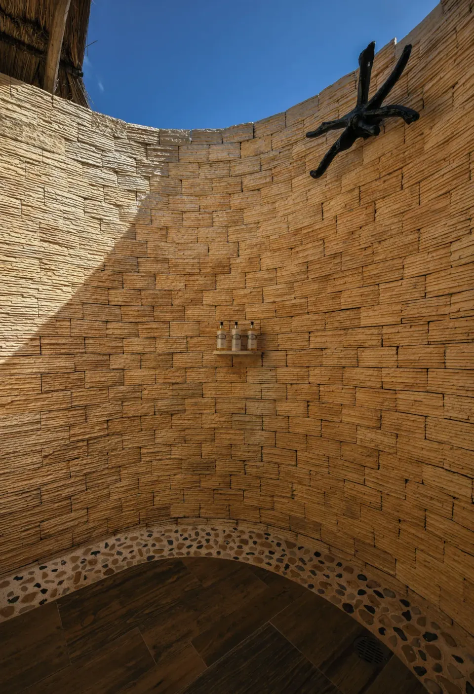 Private Pool Casita Suite outdoor shower with stone walls at El Dorado Casitas Royale.
