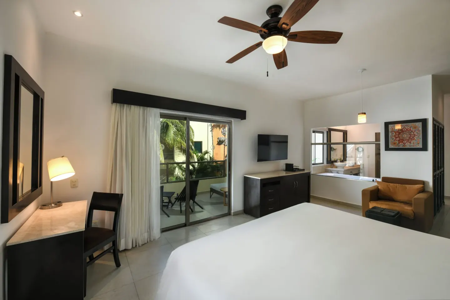Royal Retreat studio bedroom with balcony and bath at El Dorado Maroma Cenote, Underground Expedition.