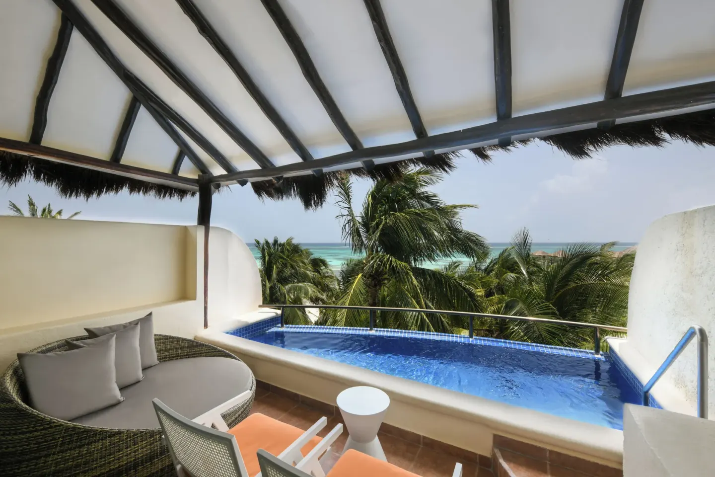 Royal Retreat Private Pool Suite terrace with plunge pool at El Dorado Maroma Cenote, Underground Expedition.