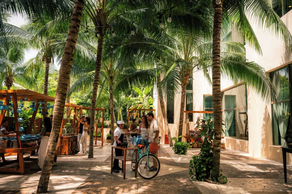 Palm-shaded outdoor promenade with seating at El Dorado Seaside Suites