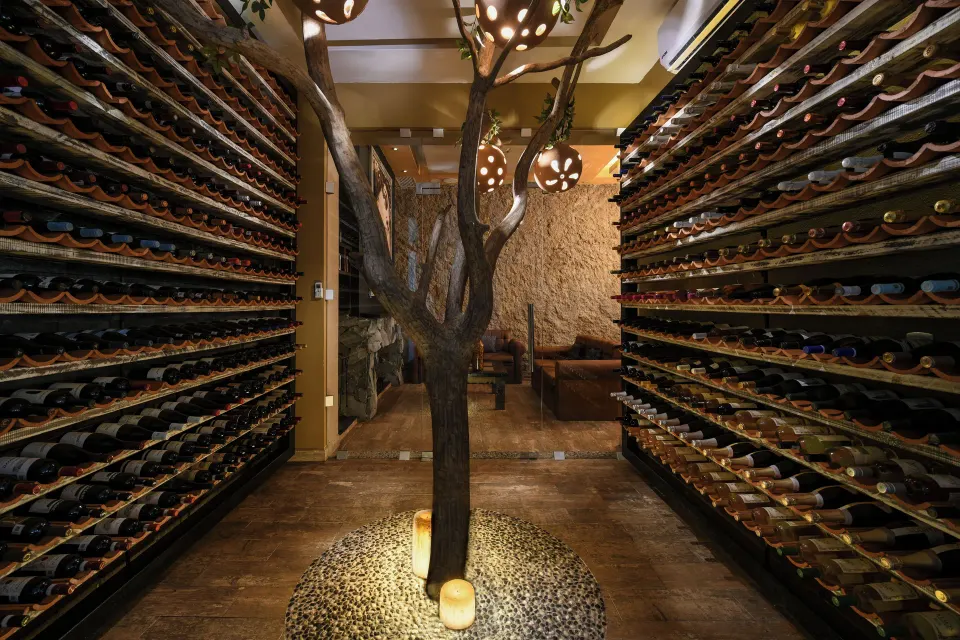 Dim wine room aisle flanked by wall racks at El Dorado Seaside Suites