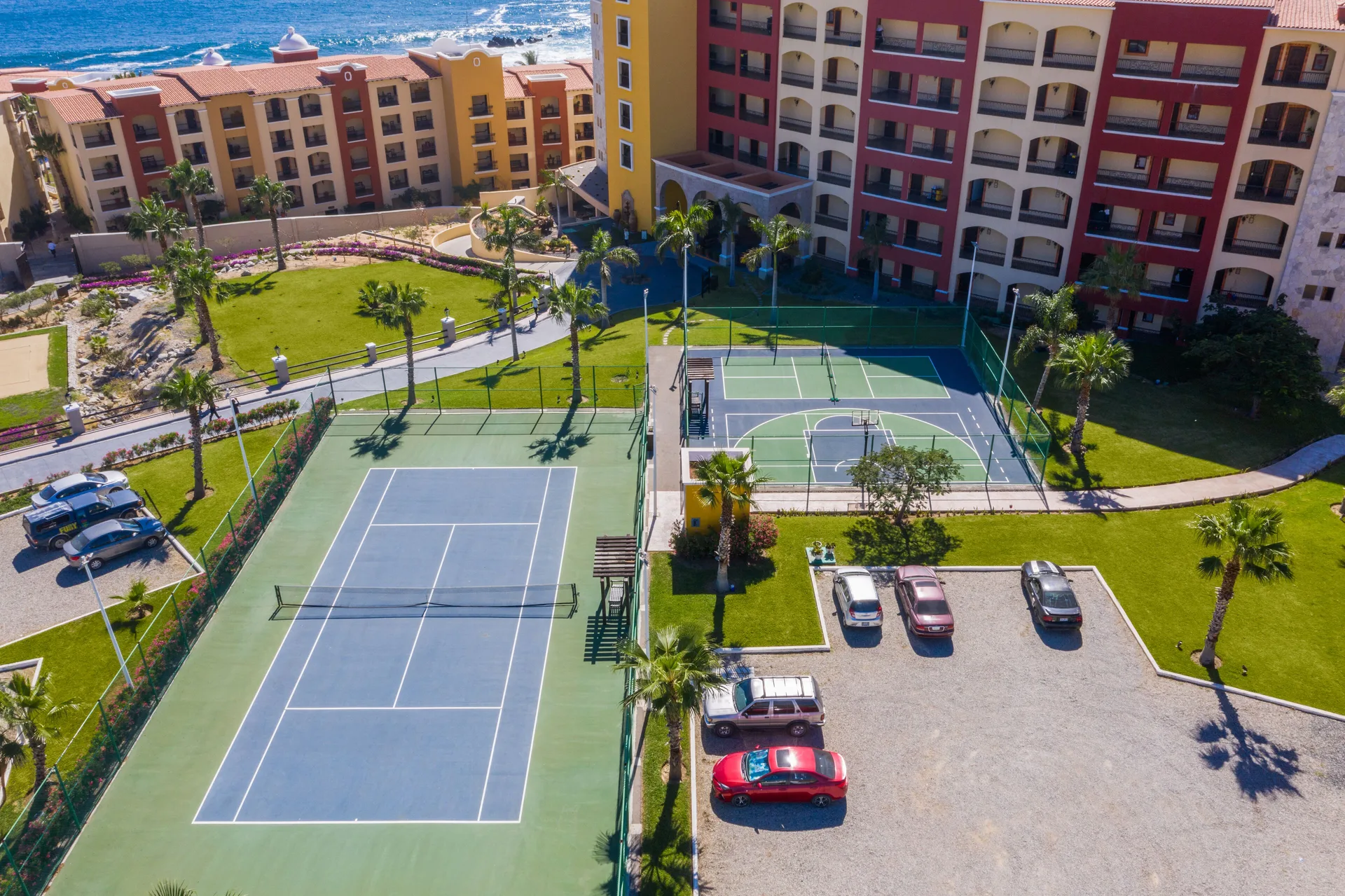 Aerial view of tennis and sport courts at El Encanto at Hacienda Encantada