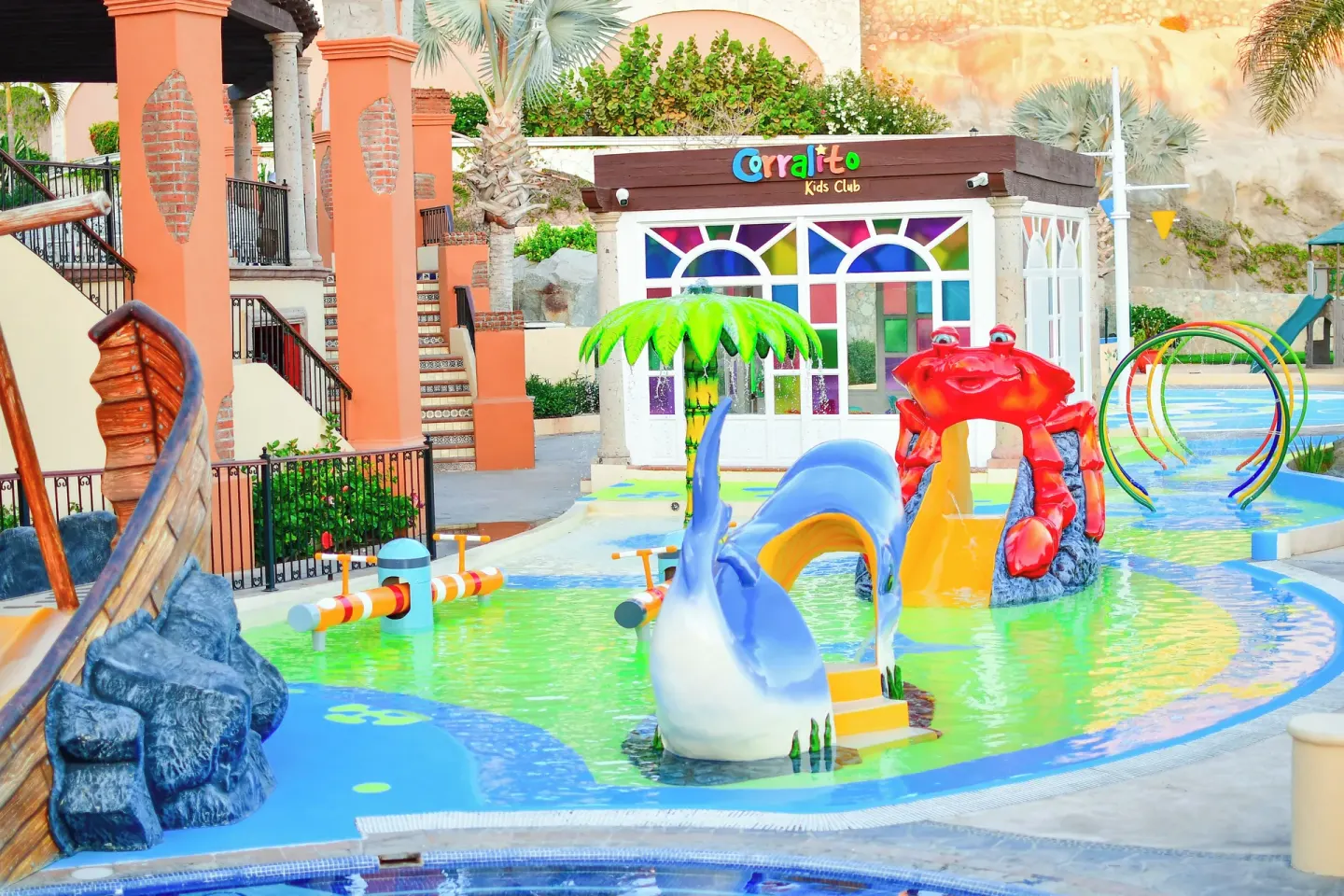 Children’s splash pool with animal slides at El Encanto at Hacienda Encantada.