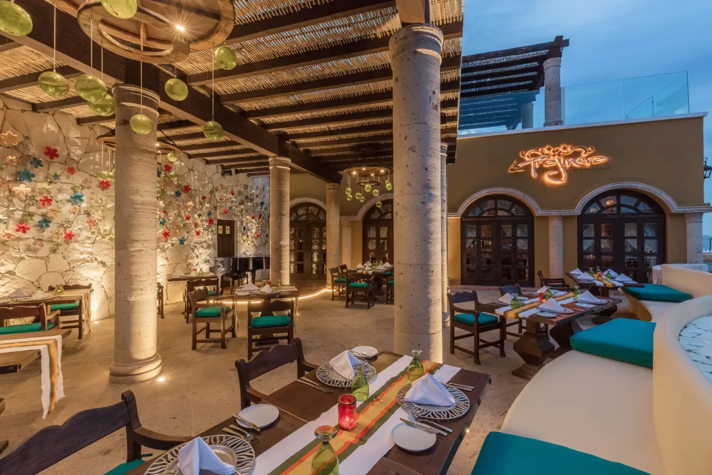 La Trajinera terrace dining area at El Encanto at Hacienda Encantada.