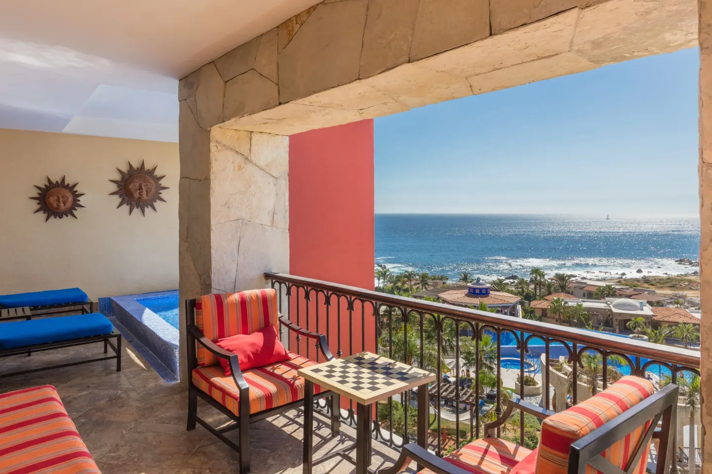 Luxury Suite balcony at El Encanto at Hacienda Encantada with private pool, seating, and ocean view.